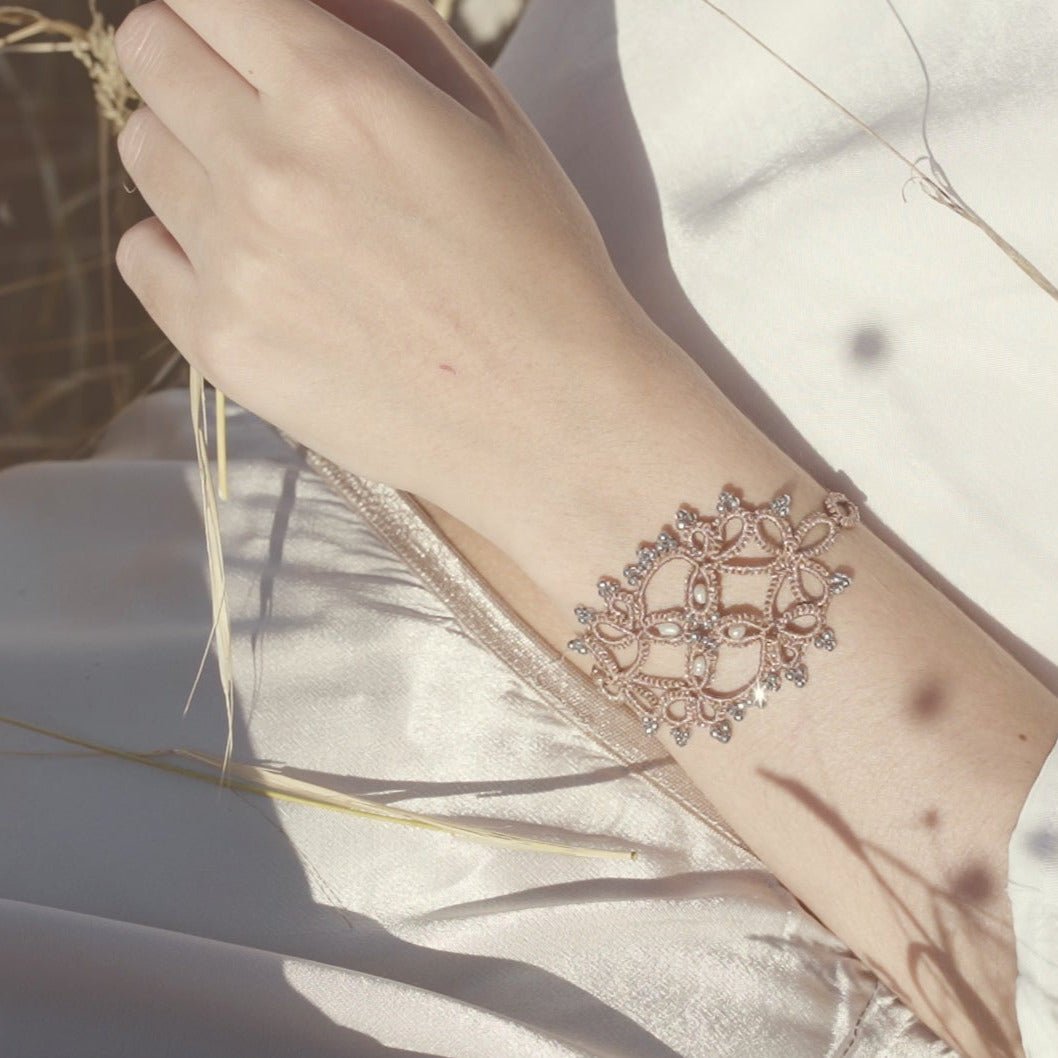 Fiona handcrafted gemstone lace bracelet being worn