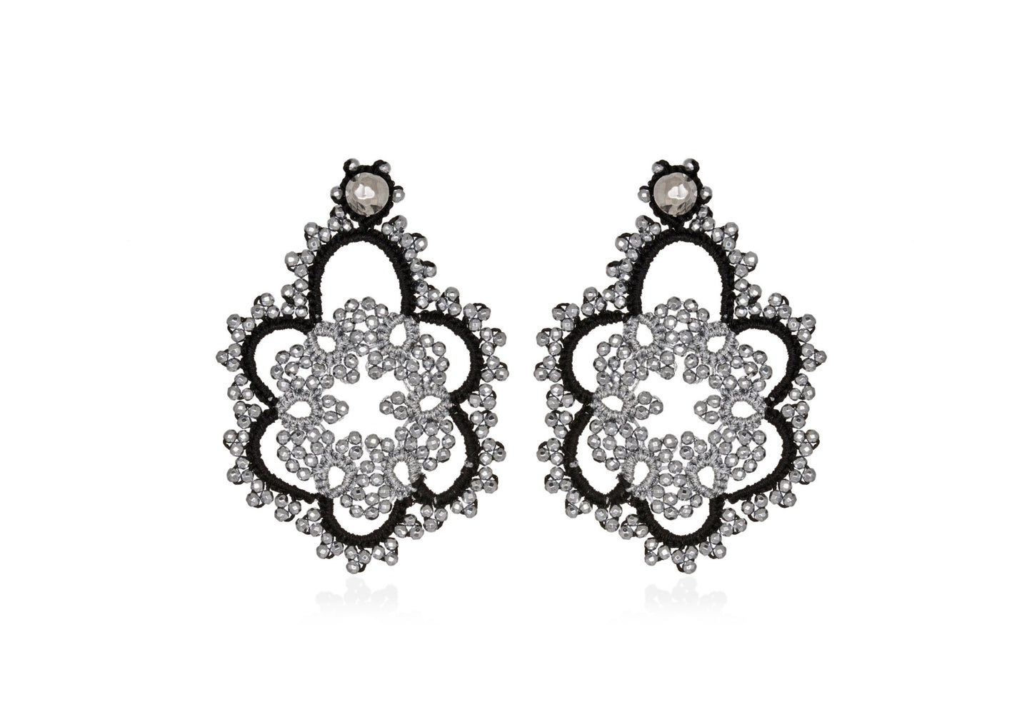 Flower handcrafted gemstone lace earrings black silver