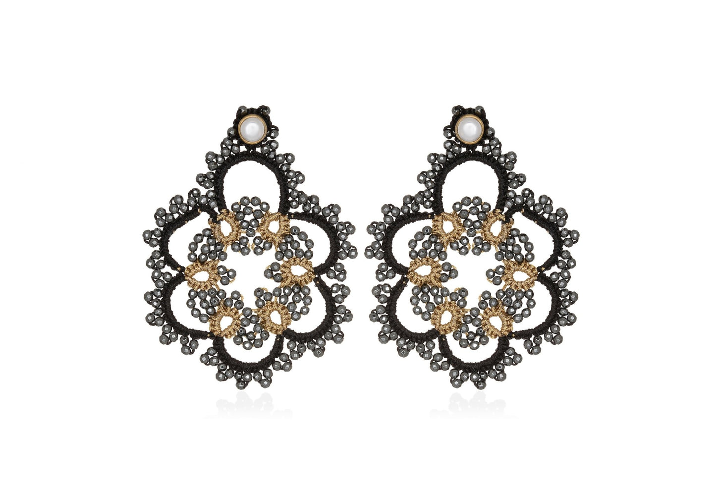 Flower handcrafted gemstone lace earrings gold black grey