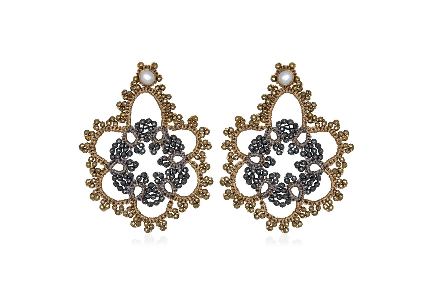 Flower handcrafted gemstone lace earrings gold dark grey