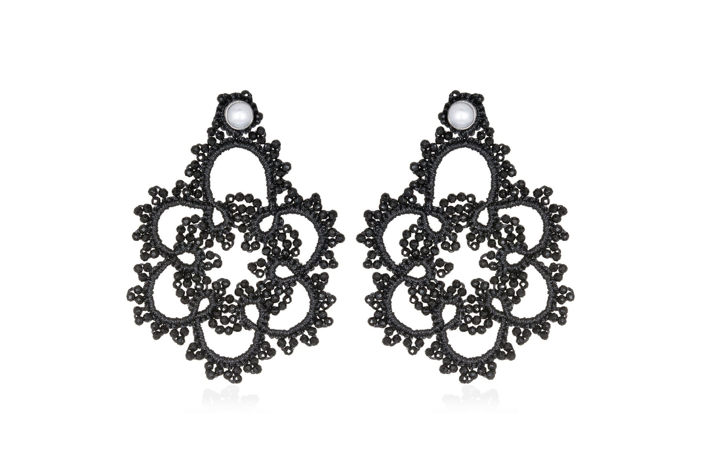 Flower handcrafted gemstone lace earrings black