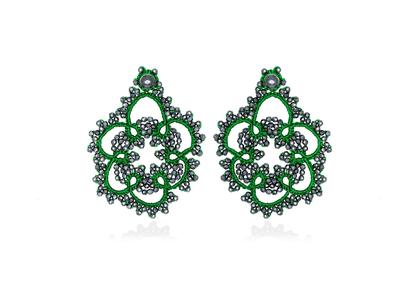 Flower handcrafted gemstone lace earrings green dark grey