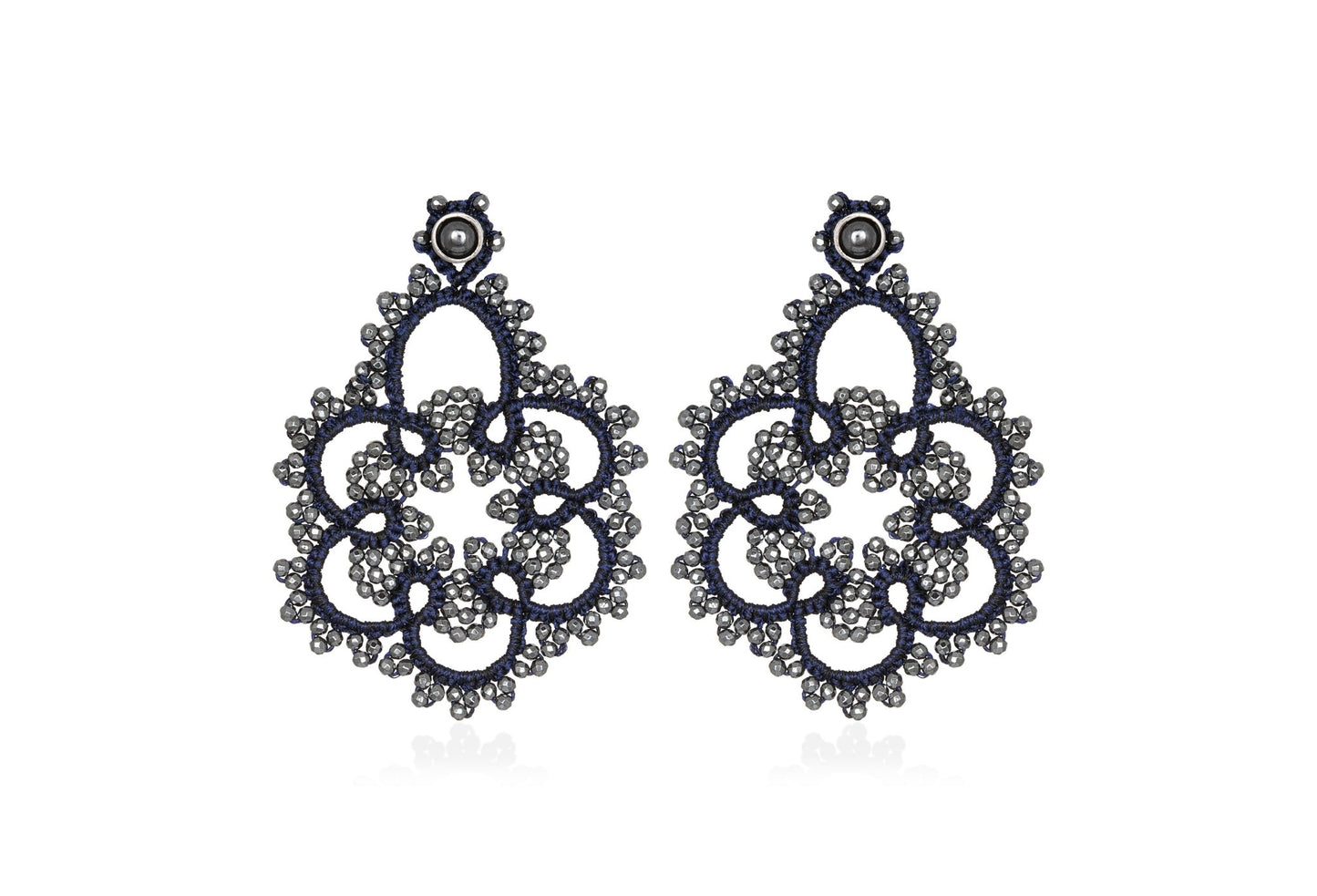 Flower handcrafted gemstone lace earrings navy blue grey