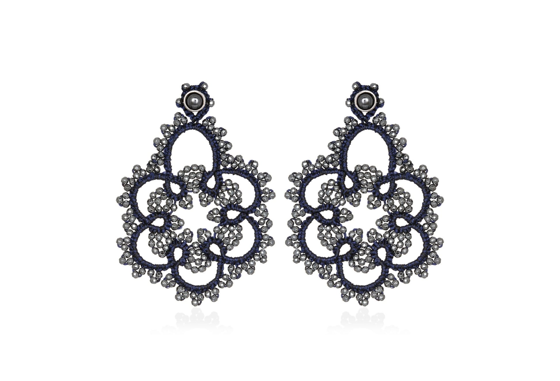 Flower handcrafted gemstone lace earrings navy blue grey