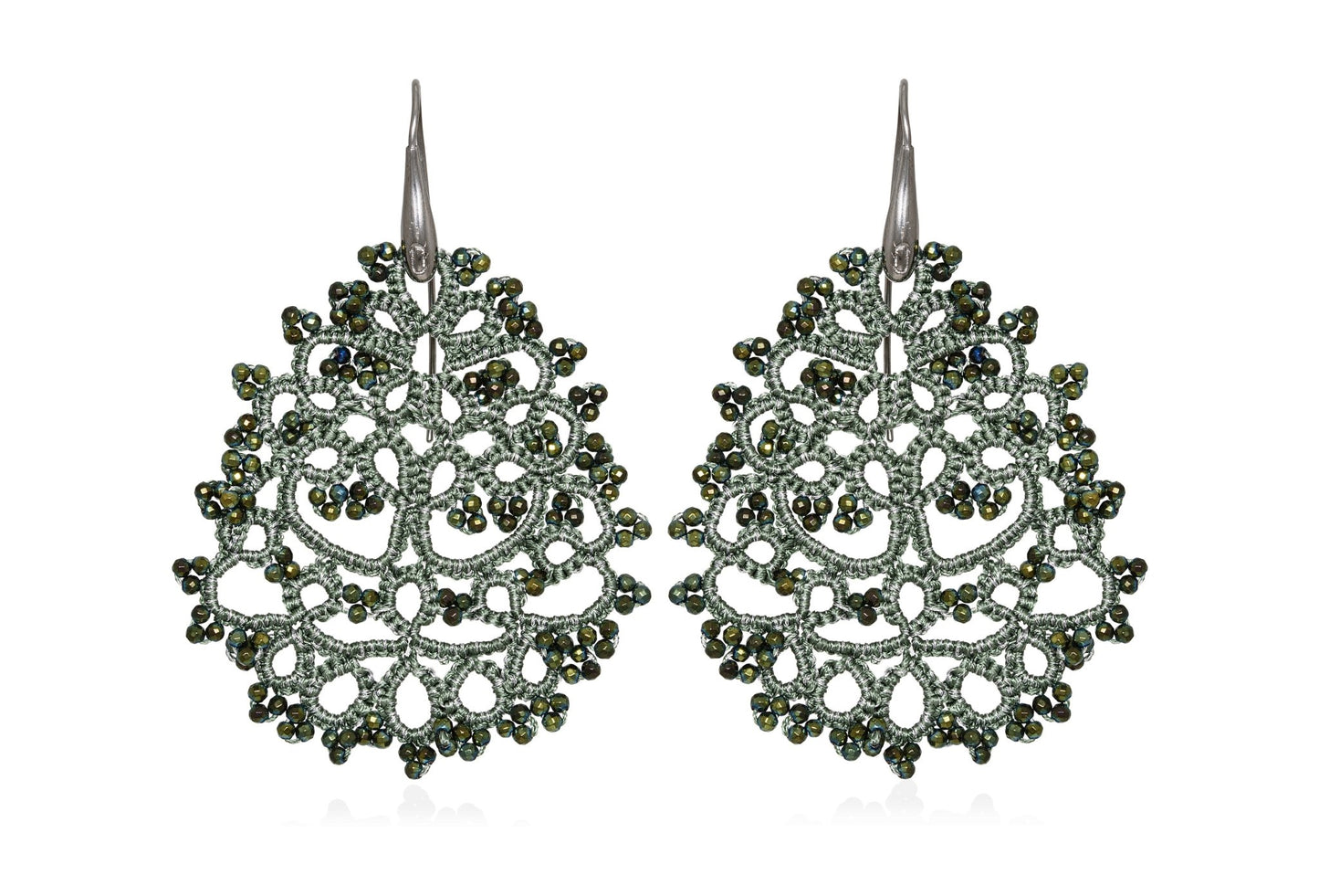 Gaia handcrafted gemstone lace earrings olive dark grey