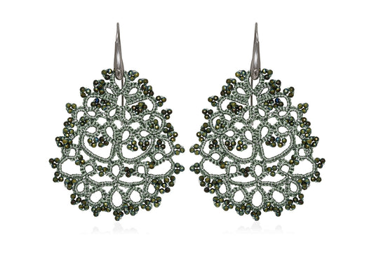 Gaia handcrafted gemstone lace earrings olive dark grey