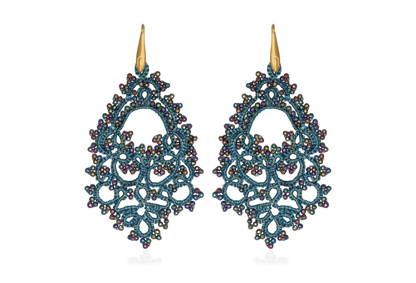 Godiva handcrafted gemstone lace earrings aqua blue rainbow
