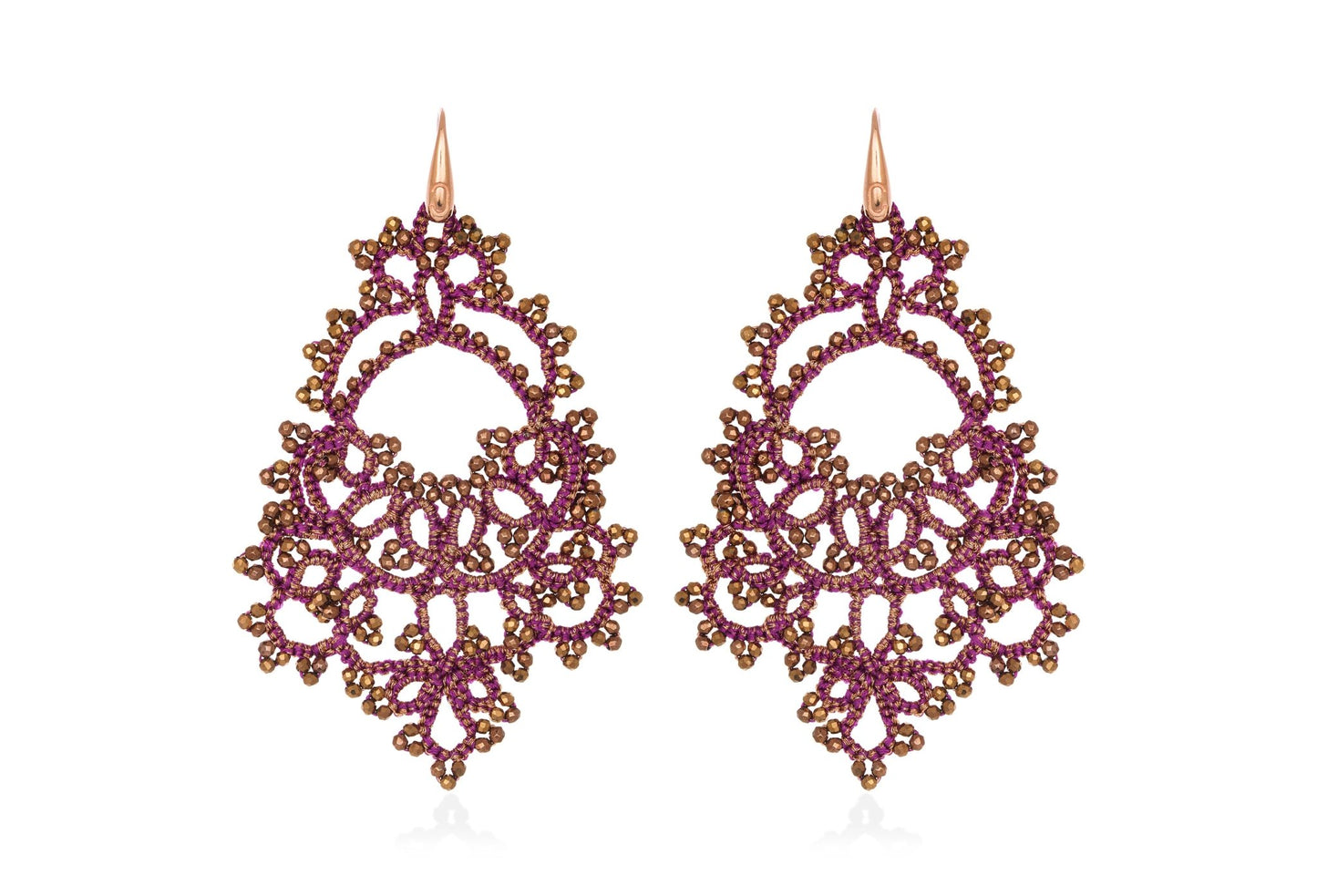 Godiva handcrafted gemstone lace earrings magenta bronze