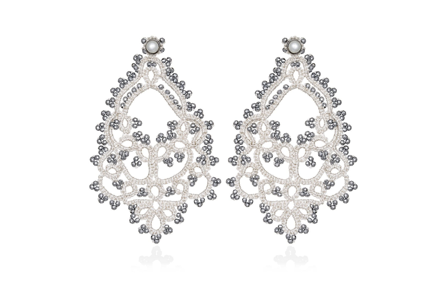 Godiva handcrafted gemstone lace earrings white silver