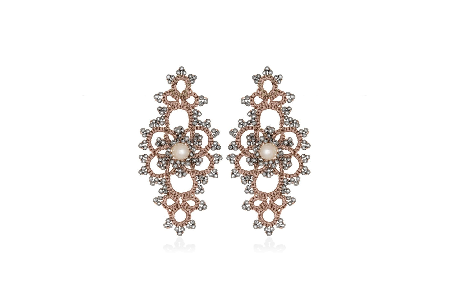Grace handcrafted gemstone lace earrings nude silver