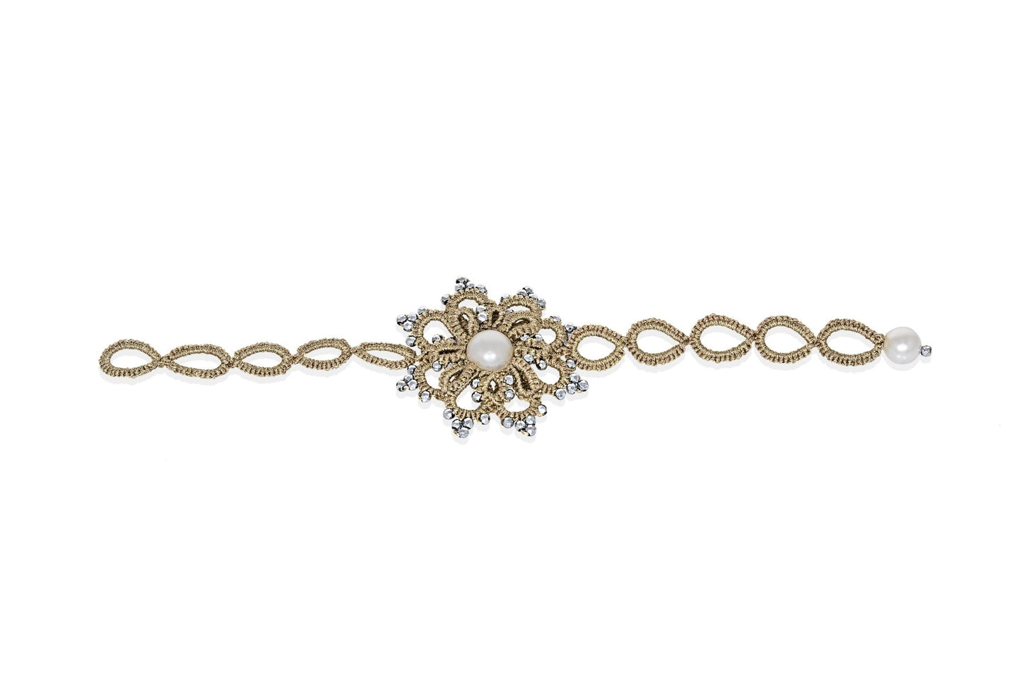 Rosette handcrafted gemstone lace bracelet sand silver