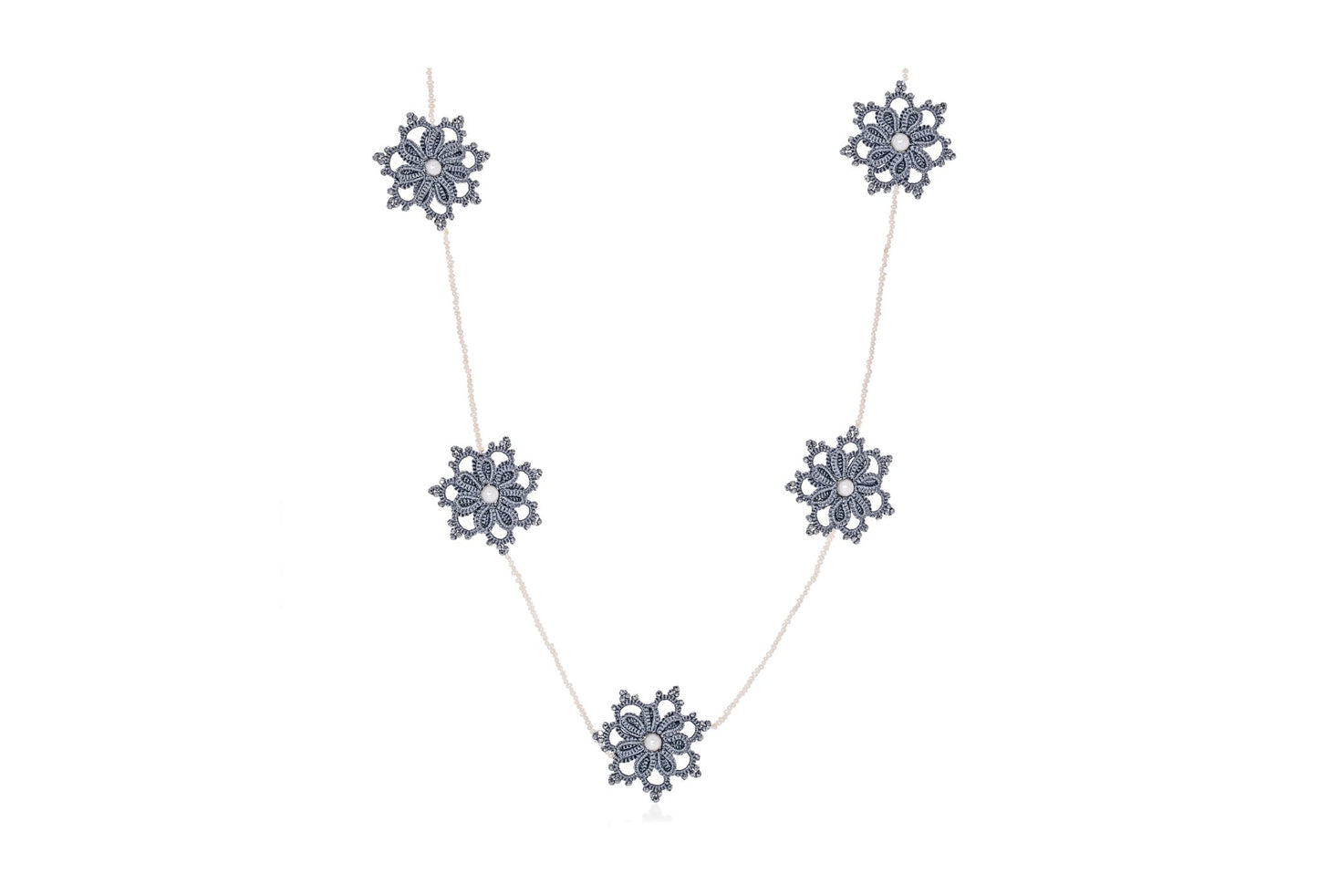 Rosette handcrafted gemstone lace necklace grey silver