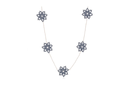 Rosette handcrafted gemstone lace necklace grey silver