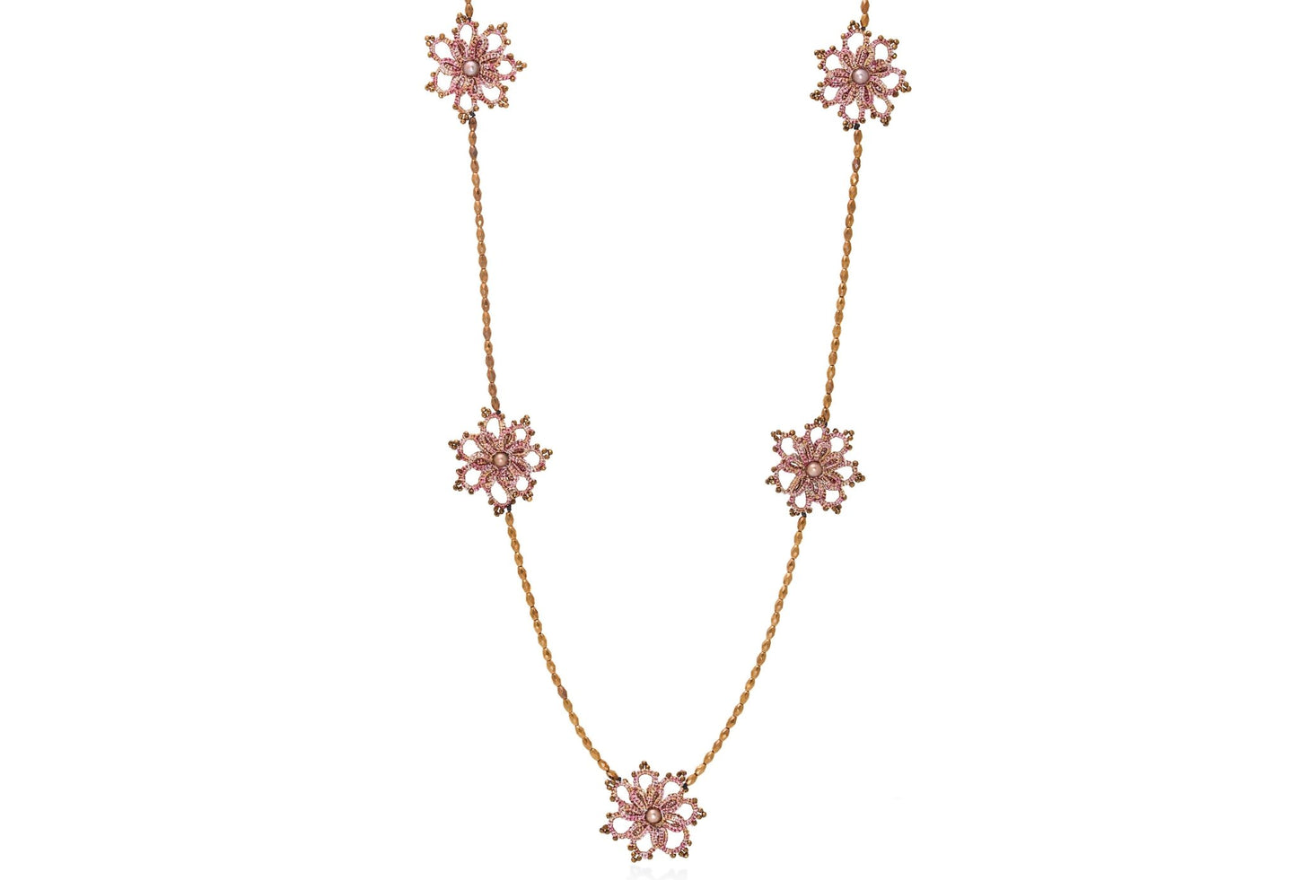 Rosette handcrafted gemstone lace necklace multi peach bronze