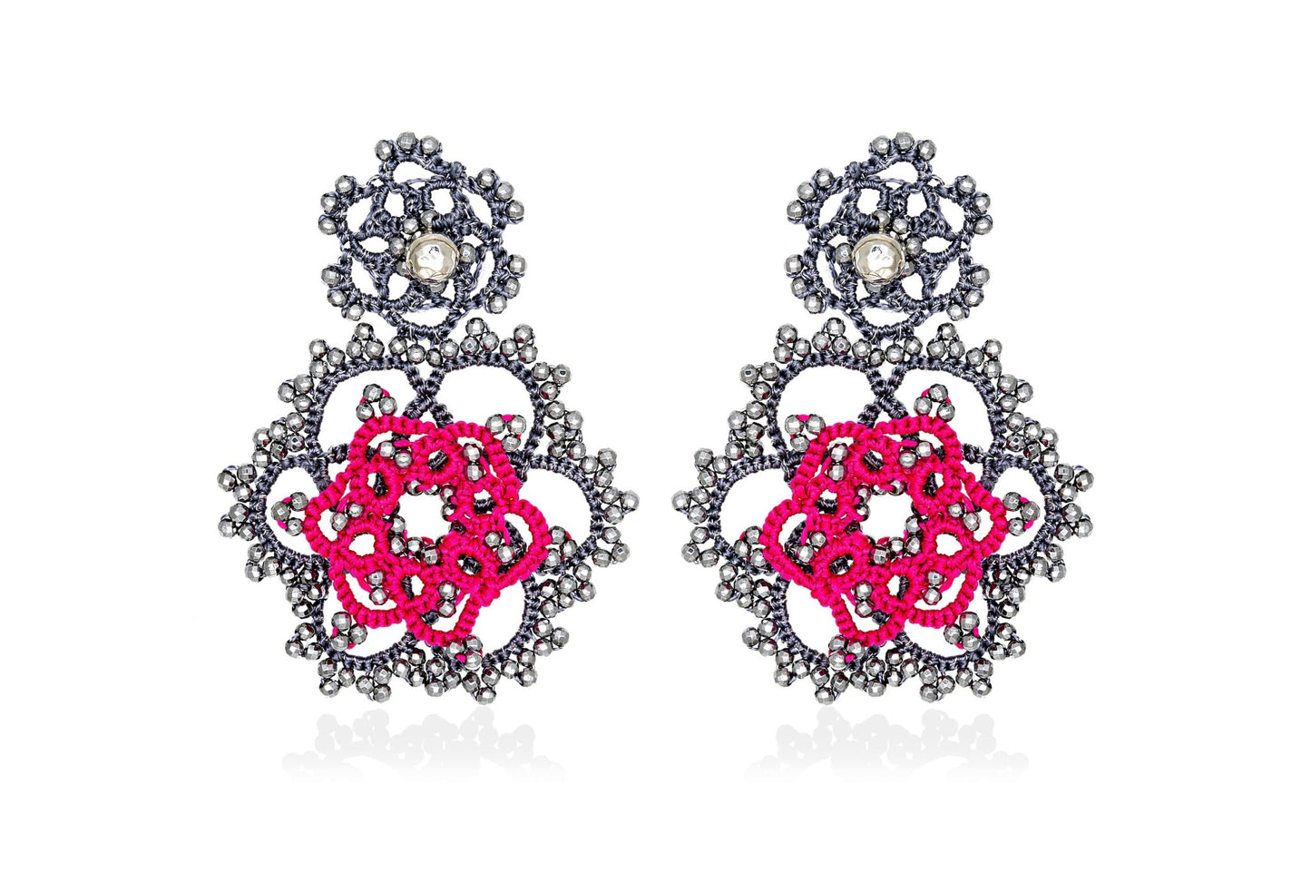 Vintage Bloom handcrafted gemstone earrings grey fuchsia silver