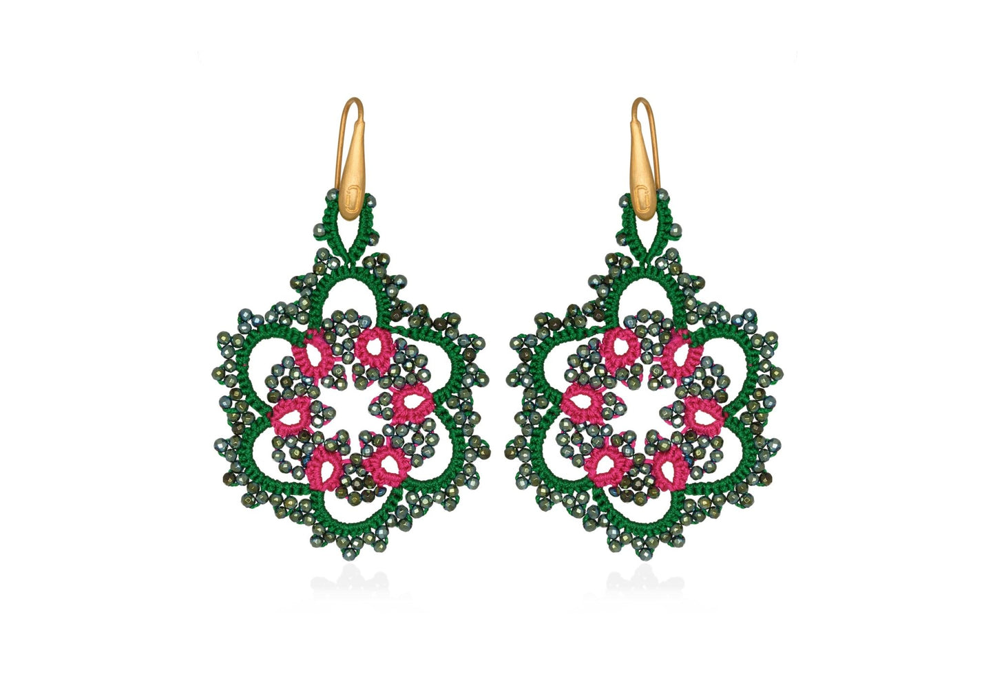 Vintage Flower handcrafted gemstone earrings emerald green fuchsia