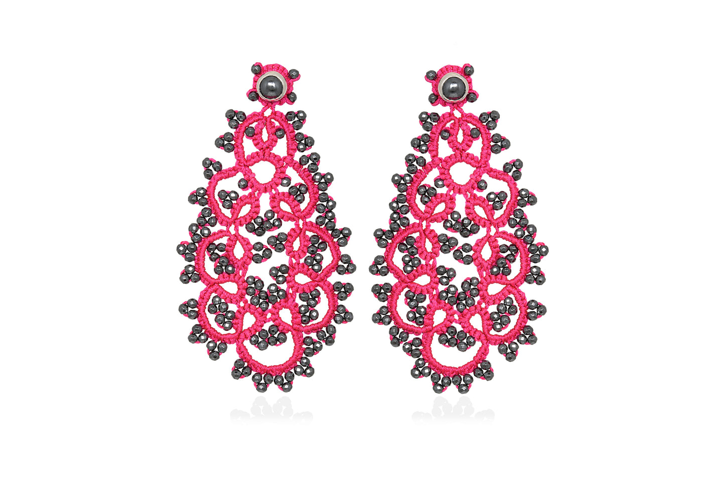 Vintage Drop lace earrings, fuchsia dark grey