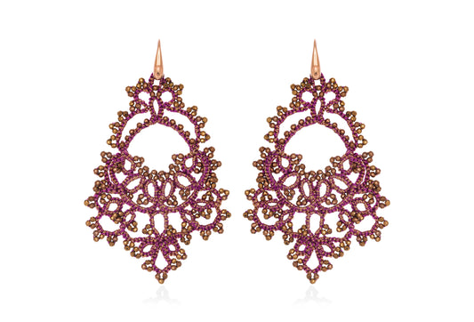 Godiva lace earrings, magenta bronze