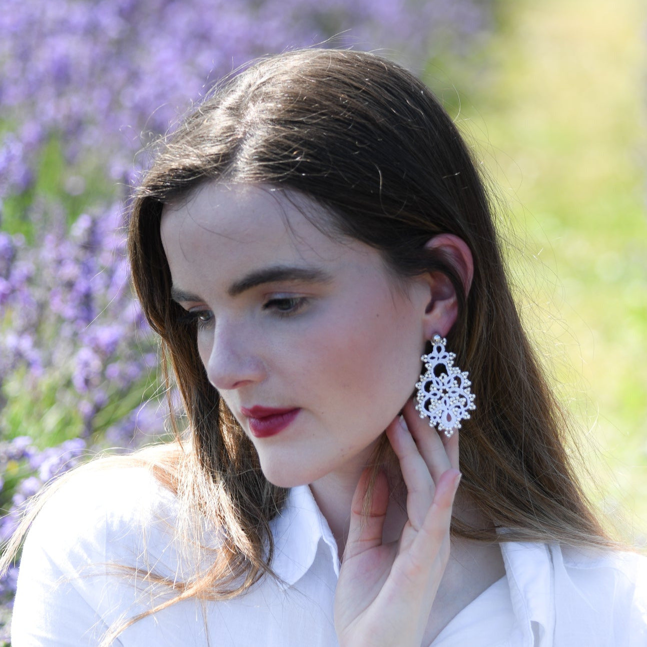 Melina lace earrings, white silver
