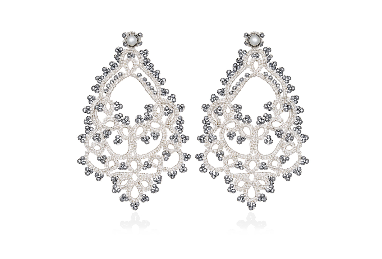 Godiva lace earrings, white silver