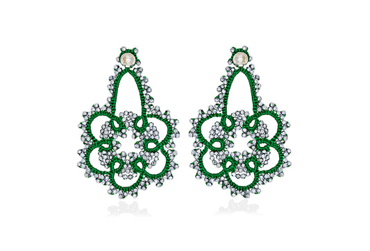 Flower lace earrings, vintage green silver