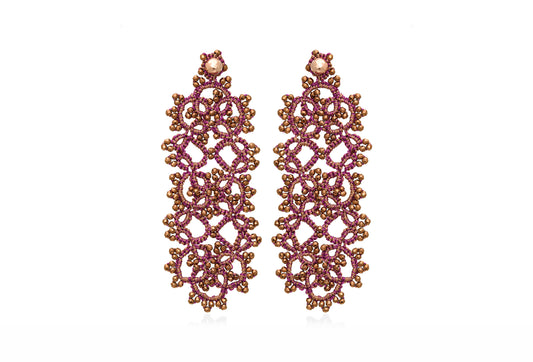 Art Deco large lace earrings, magenta gold