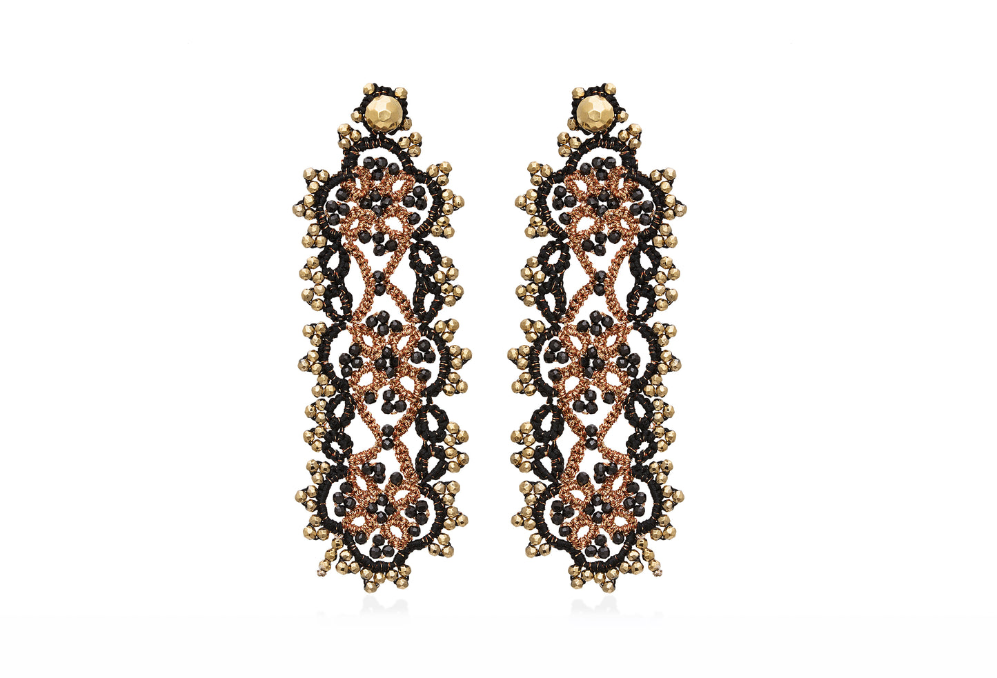 Art Deco bi-tone large lace earrings, bronze black gold