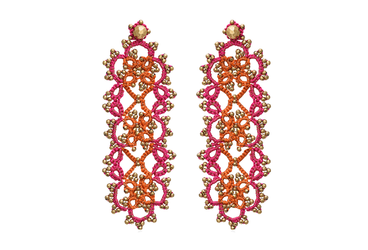 Vintage Art Deco bi-tone large lace earrings, fuchsia orange gold