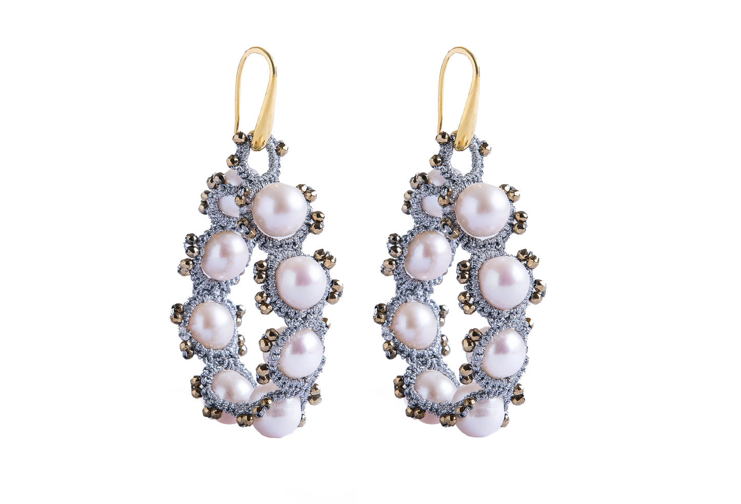 Pearl hoop lace earrings, gold silver