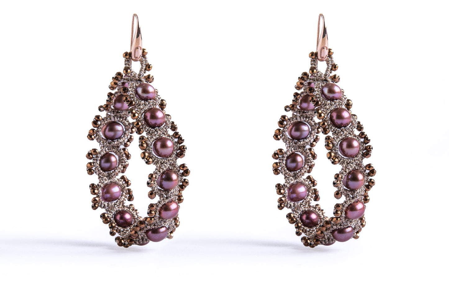 Rose pearl hoop lace earrings, bronze