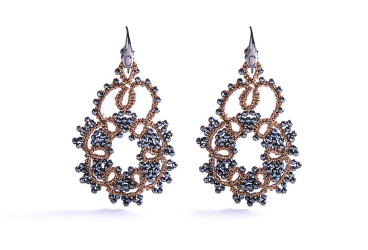 Agatha lace earrings, antique gold dark grey