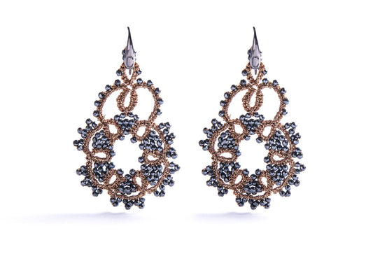 Agatha lace earrings antique gold dark grey close up