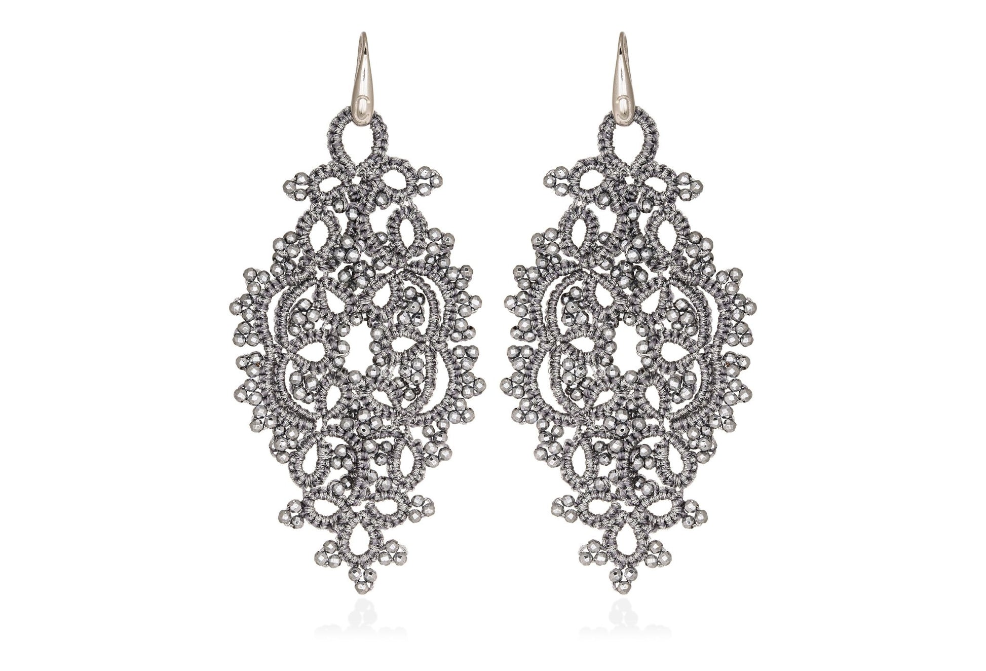 Alexandra lace earrings silver grey close up