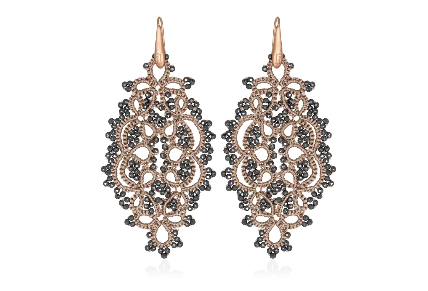 Alexandra lace earrings nude dark grey close up