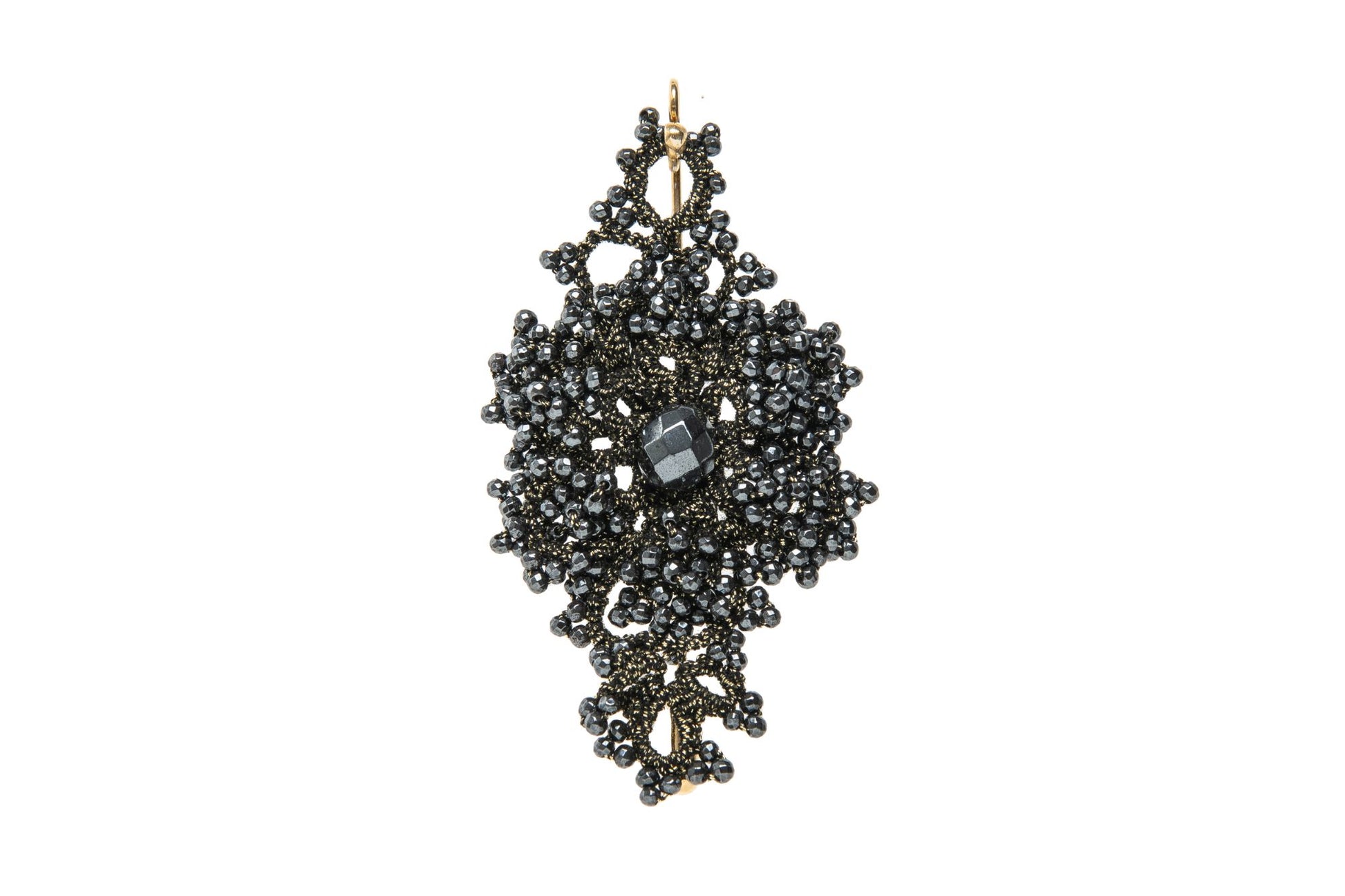 Callista handcrafted lace brooch on a white backround