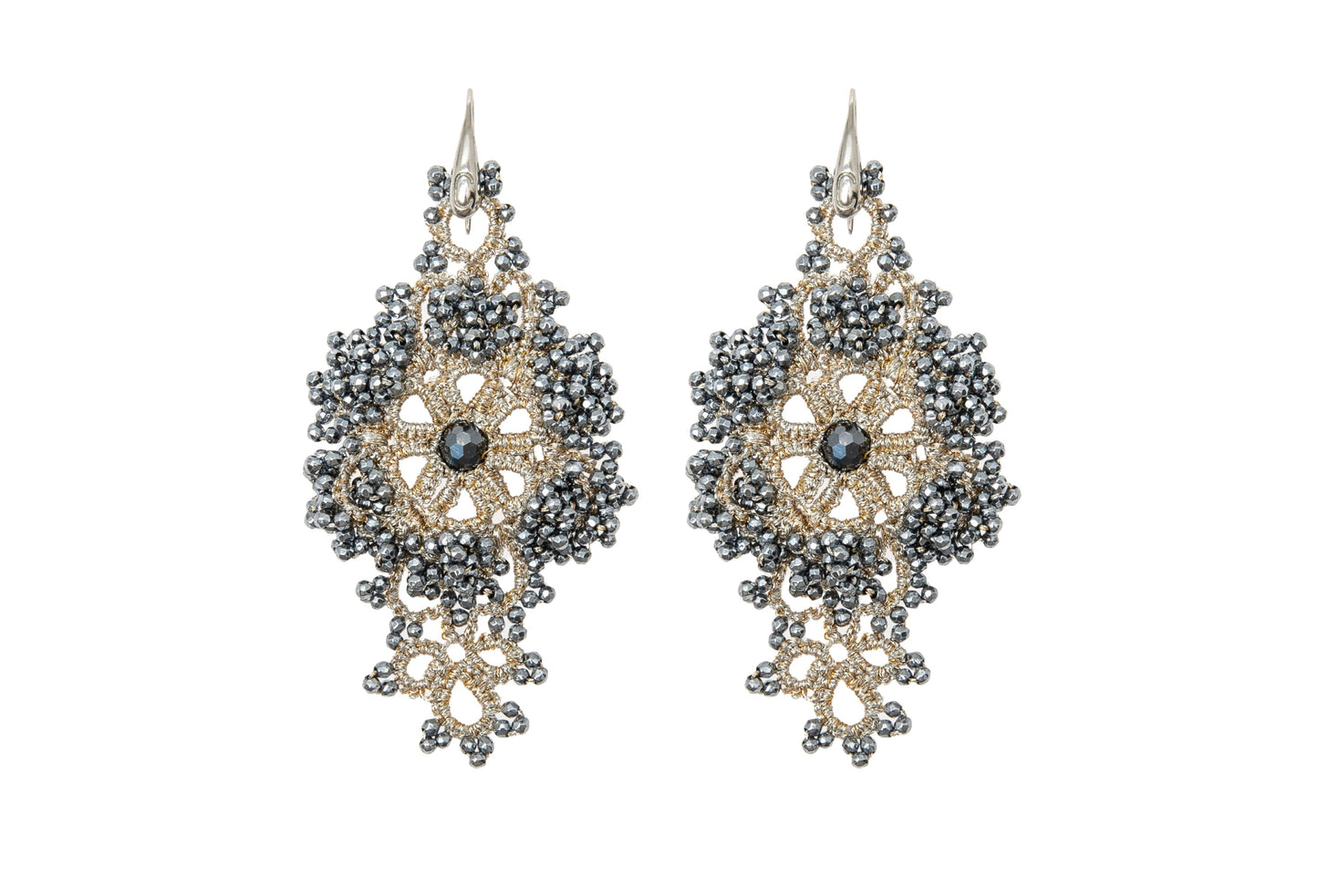 Callista handcrafted gemstone lace earrings creme dark grey