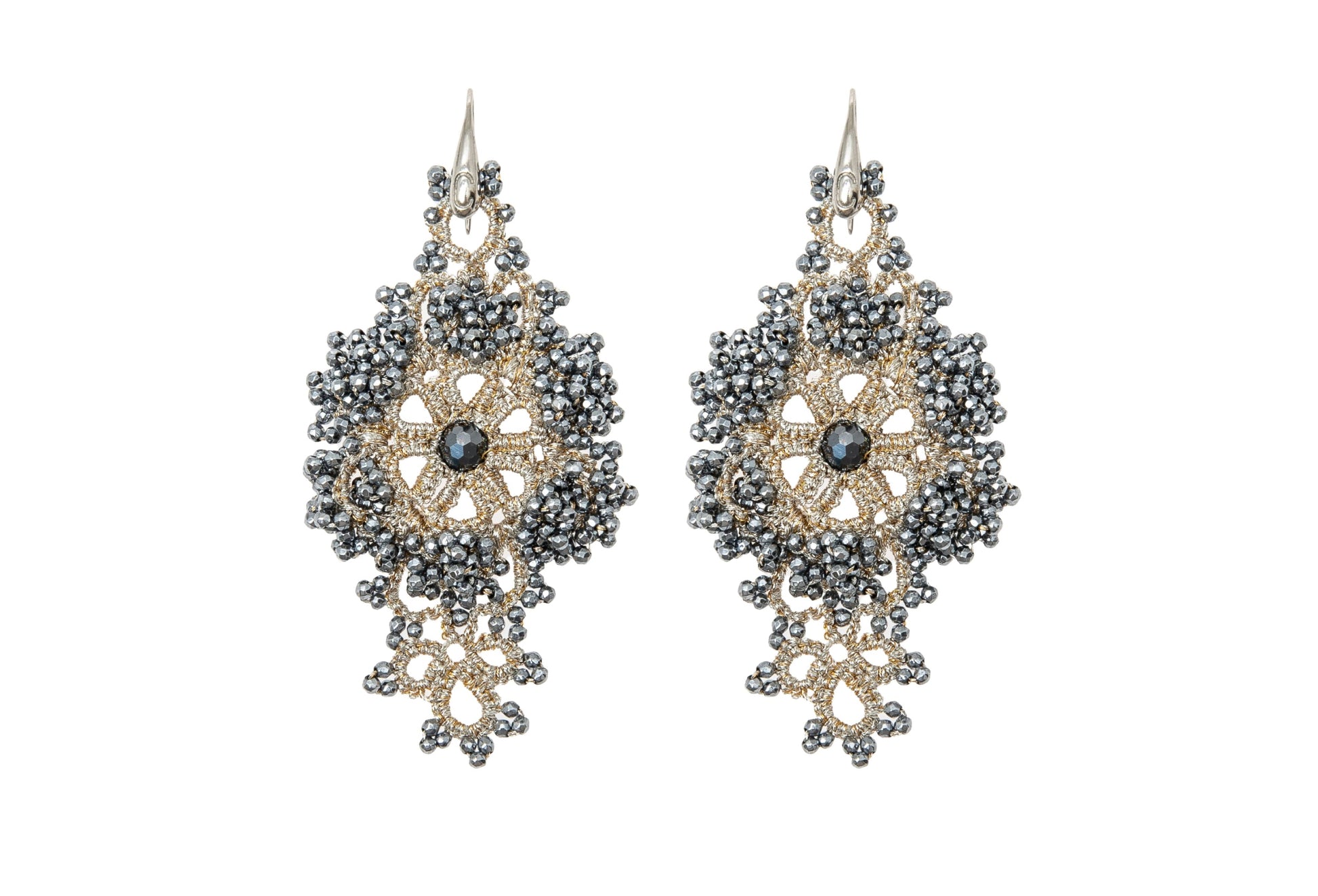 Callista handcrafted gemstone lace earrings creme dark grey