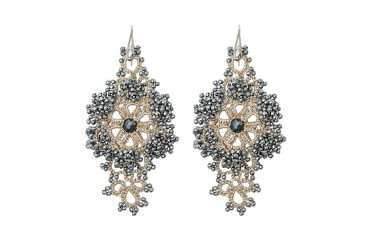 Callista handcrafted gemstone lace earrings creme dark grey