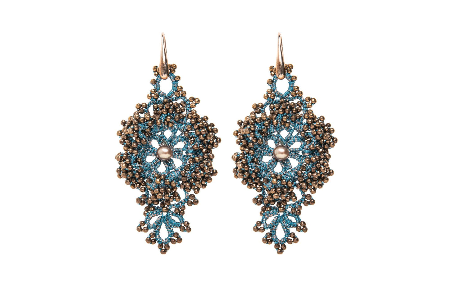 Callista handcrafted lace earrings blue petrol bronze one white backround