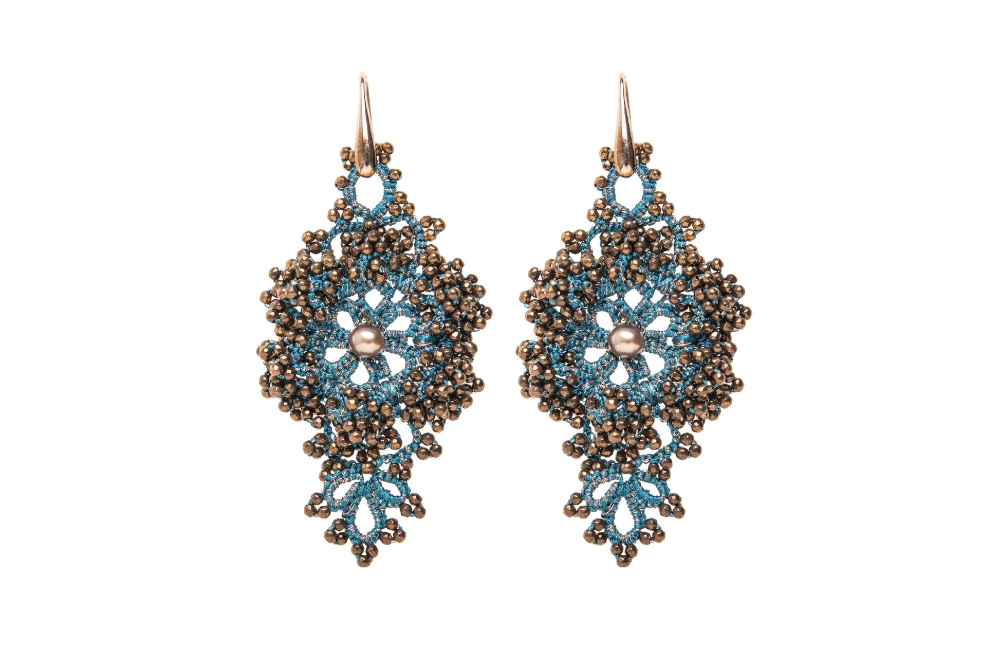 Callista handcrafted lace earrings blue petrol bronze one white backround