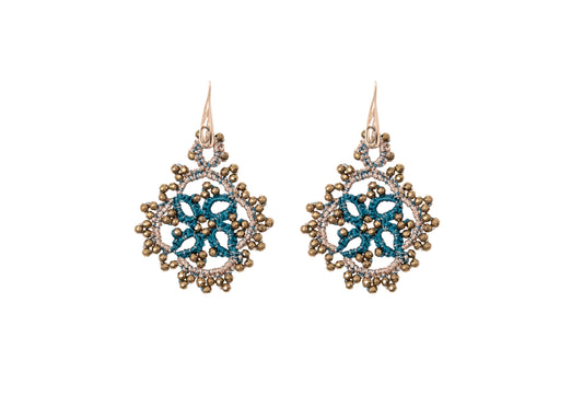 Eugenie handcrafted gemstone lace earrings, blue petrol bronze