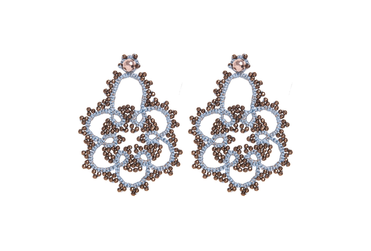 Flower handcrafted gemstone lace earrings, baby blue bronze