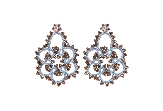Flower handcrafted gemstone lace earrings, baby blue bronze