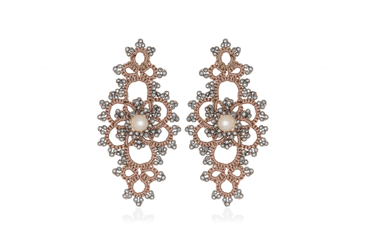 Grace handcrafted lace earrings with pearls on a white background