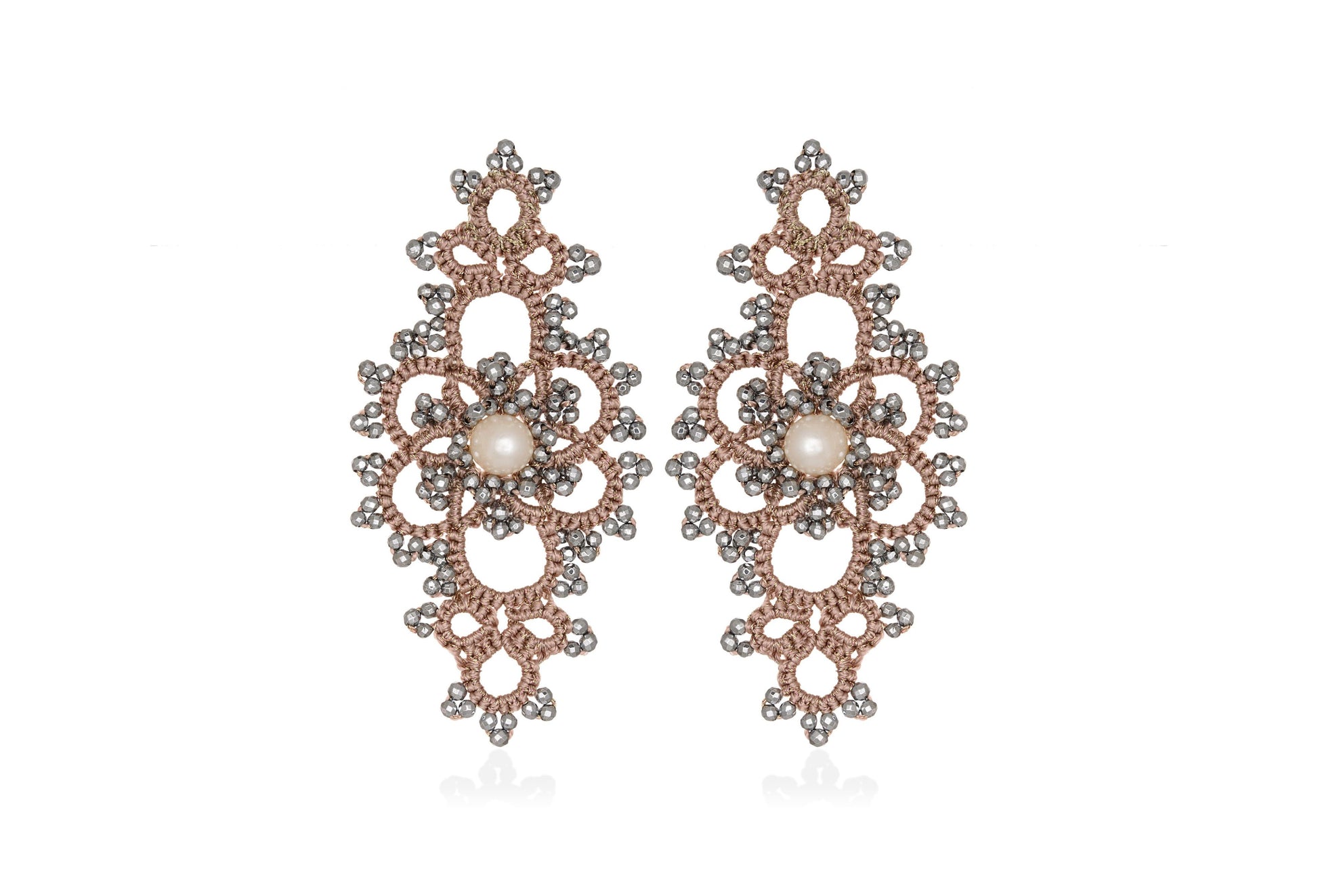 Grace handcrafted lace earrings with pearls on a white background