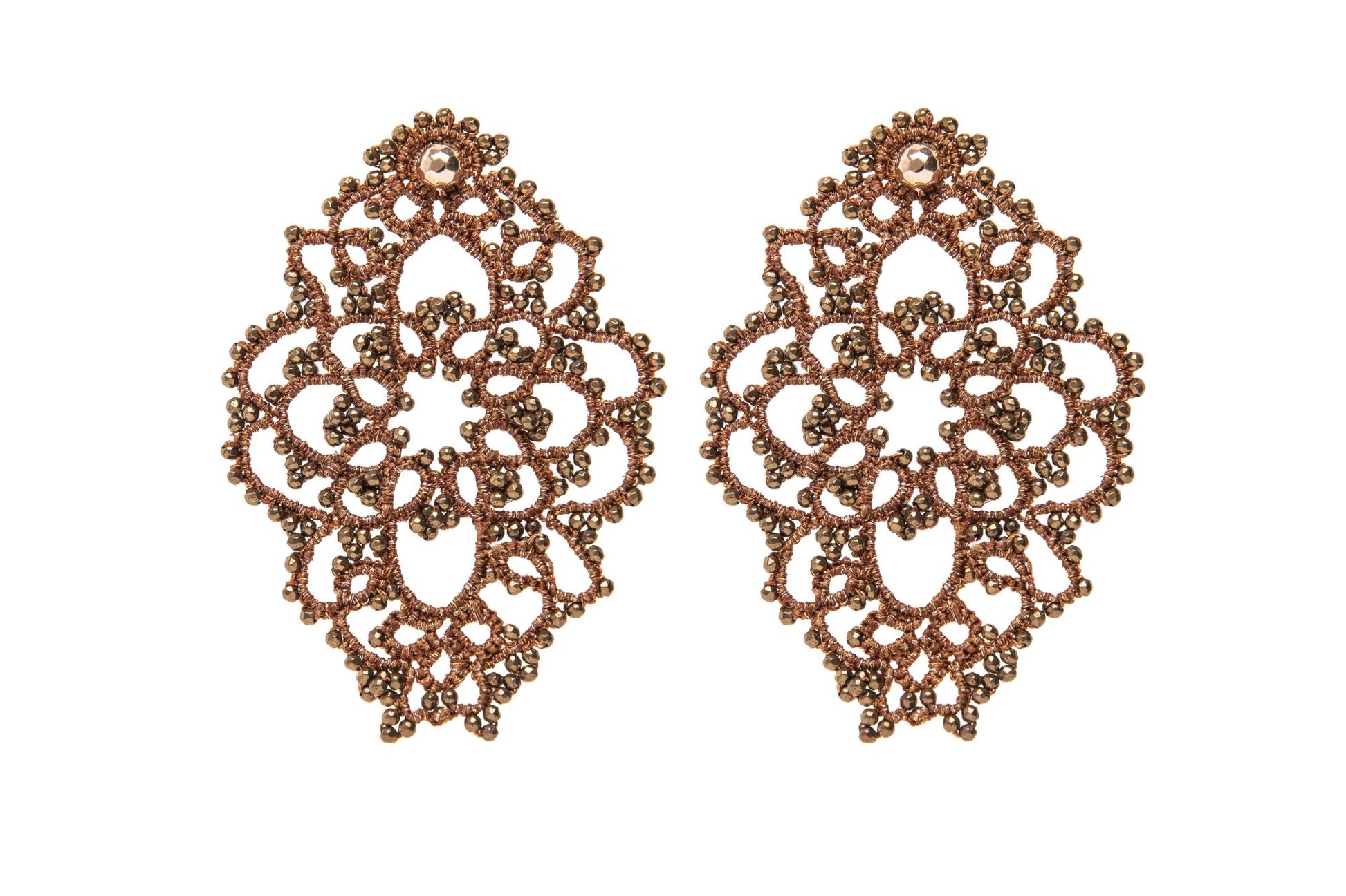 Theodora handcrafted lace earrings bronze on white backround