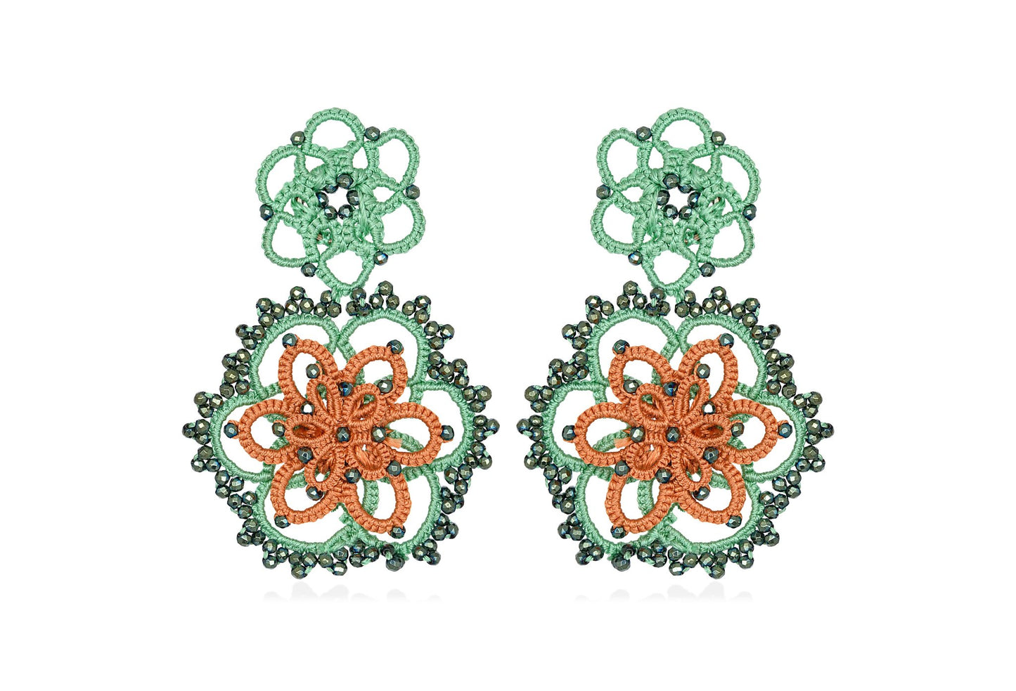 Vintage Bloom handcrafted gemstone earrings green orange grey