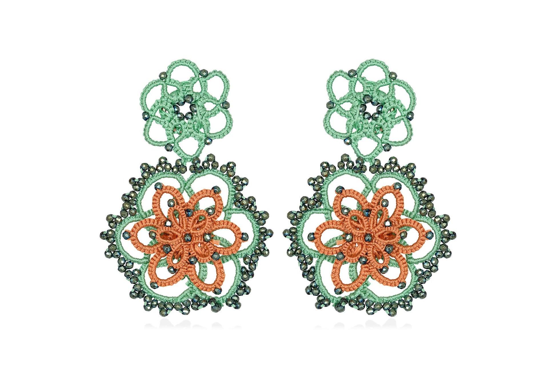 Vintage Bloom handcrafted gemstone earrings green orange grey