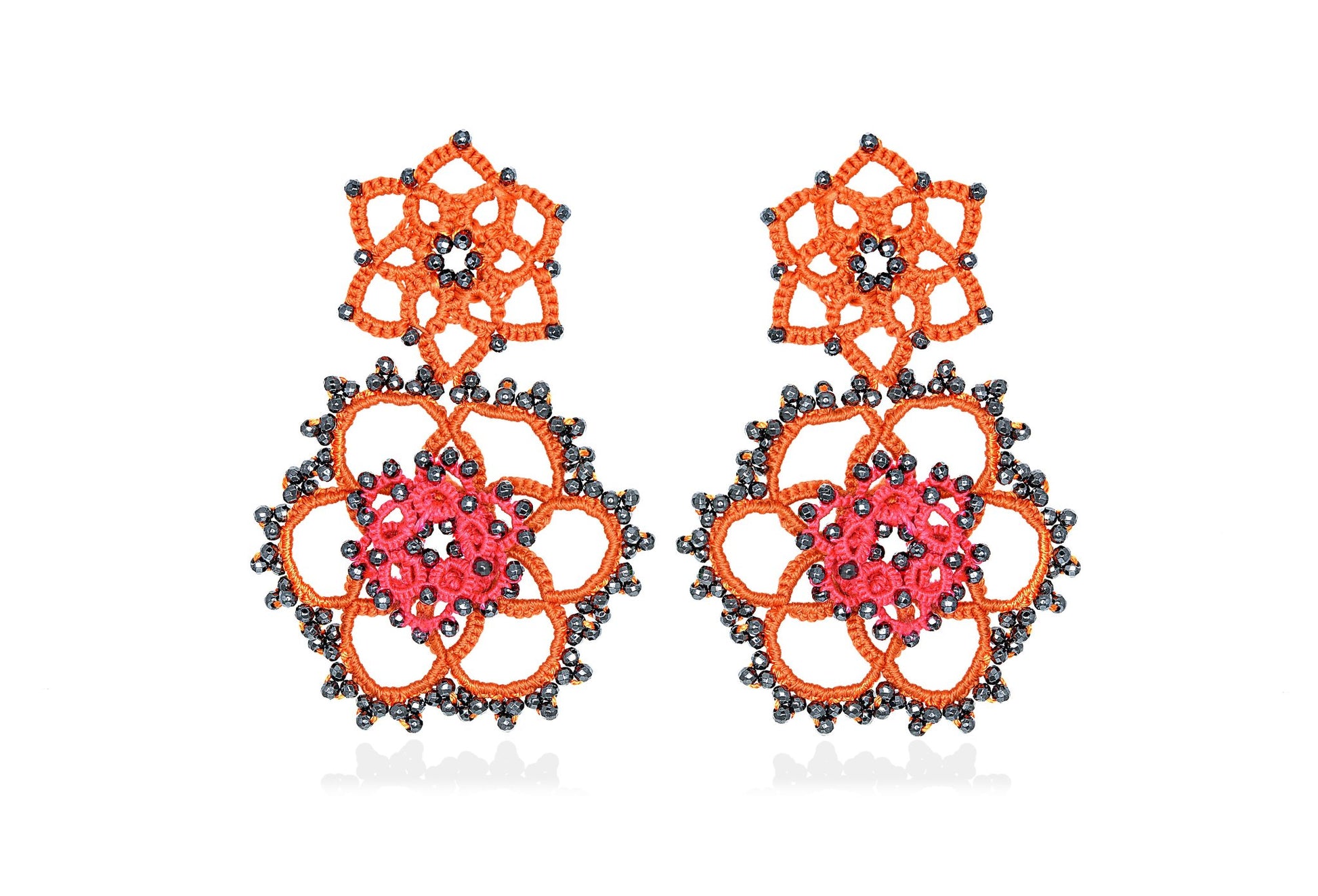 Vintage Bloom handcrafted gemstone earrings orange fuchsia grey