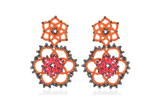 Vintage Bloom handcrafted gemstone earrings orange fuchsia grey